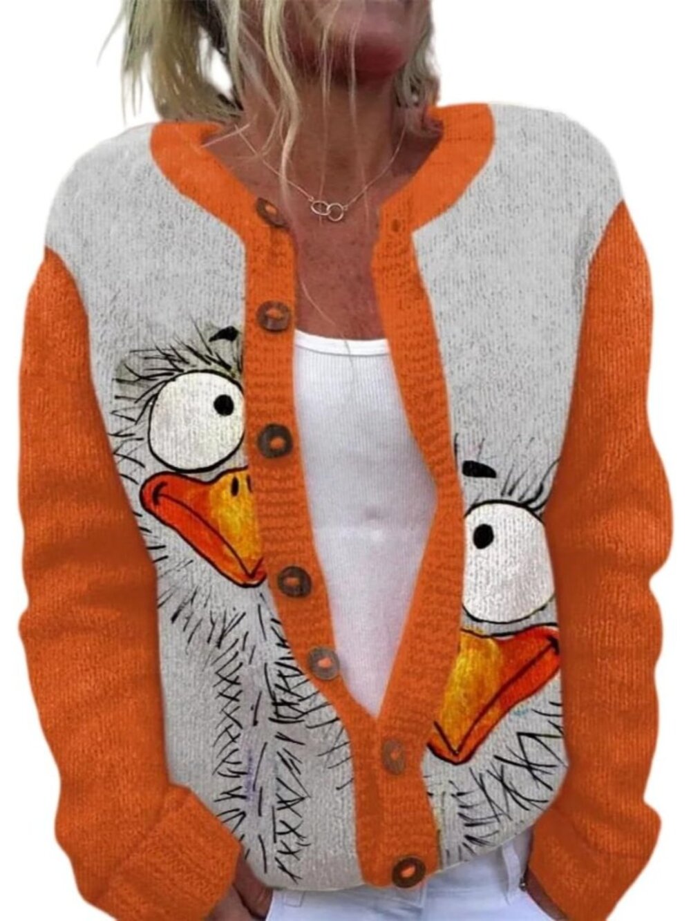 Women’s Orange Gray Ostrich Bird Print Knit Button Cardigan Sweater